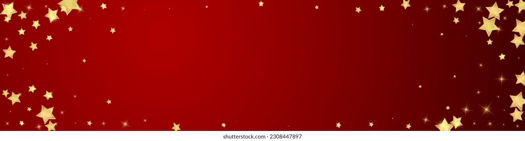 Superposición vectorial de las estrellas mágicas.  Estrellas de oro dispersas al azar, cayendo, flotando.  Una plantilla de superposición infantil de ensueño caótico. Vector nocturno milagroso estrellado sobre fondo rojo.