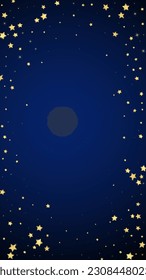 Magic stars vector overlay.  Gold stars scattered around randomly, falling down, floating.  Chaotic dreamy childish overlay template. Miraculous starry night vector  on dark blue background.