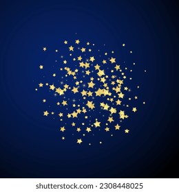 Magic stars vector overlay.  Gold stars scattered around randomly, falling down, floating.  Chaotic dreamy childish overlay template. on dark blue background.