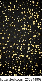 Magic stars vector overlay.  Gold stars scattered around randomly, falling down, floating.  Chaotic dreamy childish overlay template. Magical cartoon night sky on black background.