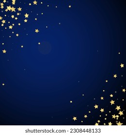 Magic stars vector overlay.  Gold stars scattered around randomly, falling down, floating.  Chaotic dreamy childish overlay template. Miraculous starry night vector  on dark blue background.