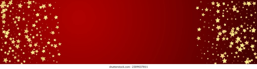 Superposición vectorial de las estrellas mágicas.  Estrellas de oro dispersas al azar, cayendo, flotando.  Una plantilla de superposición infantil de ensueño caótico. Encantador vector con estrellas mágicas sobre fondo rojo.