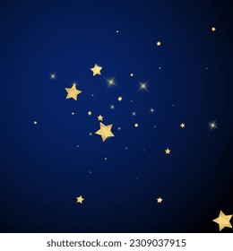 Magic stars vector overlay.  Gold stars scattered around randomly, falling down, floating.  Chaotic dreamy childish overlay template. on dark blue background.