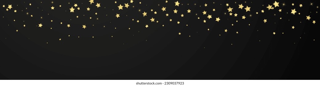 Magic stars vector overlay.  Gold stars scattered around randomly, falling down, floating.  Chaotic dreamy childish overlay template. Miraculous starry night vector  on black background.