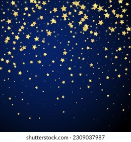 Magic stars vector overlay.  Gold stars scattered around randomly, falling down, floating.  Chaotic dreamy childish overlay template. Miraculous starry night vector  on dark blue background.