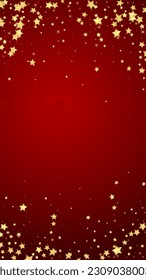 Magic stars vector overlay.  Gold stars scattered around randomly, falling down, floating.  Chaotic dreamy childish overlay template. Vector fairytale  on red background.