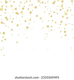 Magic stars vector overlay.  Gold stars scattered around randomly, falling down, floating.  Chaotic dreamy childish overlay template. Enchanting vector with magic stars on white background.