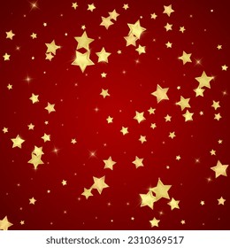 Magic stars vector overlay.  Gold stars scattered around randomly, falling down, floating.  Chaotic dreamy childish overlay template. Magical cartoon night sky on red background.