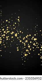 Superposición vectorial de las estrellas mágicas.  Estrellas de oro dispersas al azar, cayendo, flotando.  Una plantilla de superposición infantil de ensueño caótico. Superposición mágica vectorial sobre fondo negro.