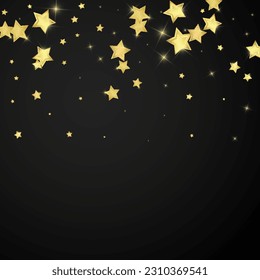 Magic stars vector overlay.  Gold stars scattered around randomly, falling down, floating.  Chaotic dreamy childish overlay template. Magical cartoon night sky on black background.