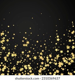 Magic stars vector overlay.  Gold stars scattered around randomly, falling down, floating.  Chaotic dreamy childish overlay template. Miraculous starry night vector  on black background.
