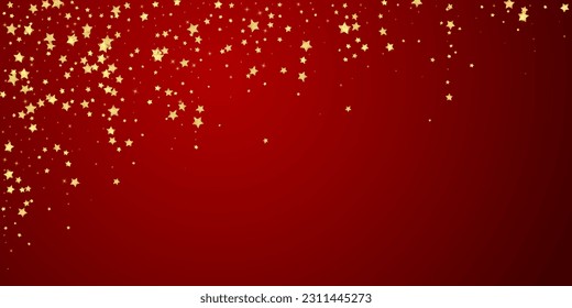 Magic stars vector overlay.  Gold stars scattered around randomly, falling down, floating.  Chaotic dreamy childish overlay template. Enchanting vector with magic stars on red background.