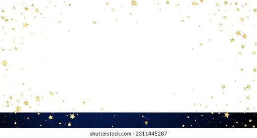 Magic stars vector overlay.  Gold stars scattered around randomly, falling down, floating.  Chaotic dreamy childish overlay template. Vector fairytale  on dark blue background.