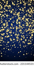 Magic stars vector overlay.  Gold stars scattered around randomly, falling down, floating.  Chaotic dreamy childish overlay template. Vector fairytale  on dark blue background.