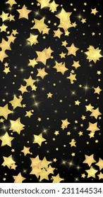 Magic stars vector overlay.  Gold stars scattered around randomly, falling down, floating.  Chaotic dreamy childish overlay template. on black background.