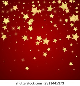 Magic stars vector overlay.  Gold stars scattered around randomly, falling down, floating.  Chaotic dreamy childish overlay template. Magical cartoon night sky on red background.