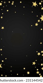 Magic stars vector overlay.  Gold stars scattered around randomly, falling down, floating.  Chaotic dreamy childish overlay template. Vector fairytale  on black background.