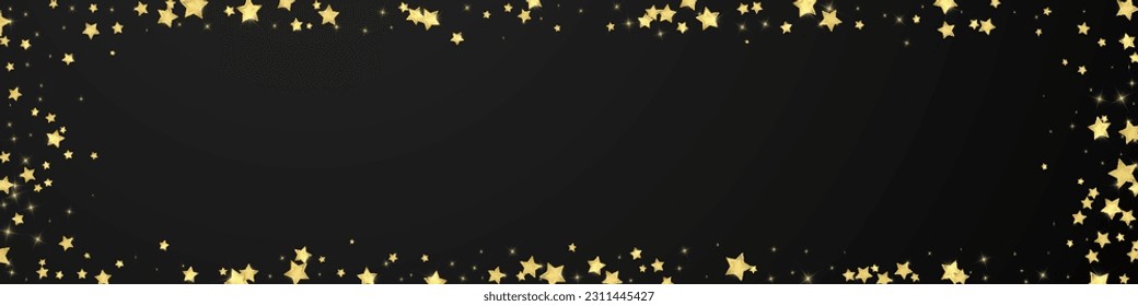 Magic stars vector overlay.  Gold stars scattered around randomly, falling down, floating.  Chaotic dreamy childish overlay template. Enchanting vector with magic stars on black background.