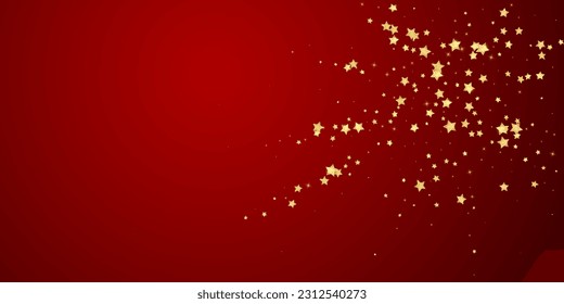 Superposición vectorial de las estrellas mágicas.  Estrellas de oro dispersas al azar, cayendo, flotando.  Una plantilla de superposición infantil de ensueño caótico. sobre fondo rojo.