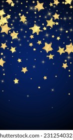 Magic stars vector overlay.  Gold stars scattered around randomly, falling down, floating.  Chaotic dreamy childish overlay template. Magical cartoon night sky on dark blue background.