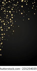 Superposición vectorial de las estrellas mágicas.  Estrellas de oro dispersas al azar, cayendo, flotando.  Una plantilla de superposición infantil de ensueño caótico. Superposición mágica vectorial sobre fondo negro.