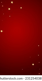 Superposición vectorial de las estrellas mágicas.  Estrellas de oro dispersas al azar, cayendo, flotando.  Una plantilla de superposición infantil de ensueño caótico. sobre fondo rojo.