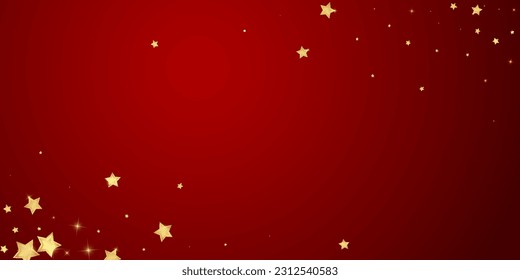 Superposición vectorial de las estrellas mágicas.  Estrellas de oro dispersas al azar, cayendo, flotando.  Una plantilla de superposición infantil de ensueño caótico. sobre fondo rojo.