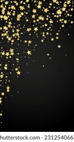 Magic stars vector overlay.  Gold stars scattered around randomly, falling down, floating.  Chaotic dreamy childish overlay template. Vector fairytale  on black background.
