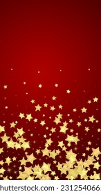 Magic stars vector overlay.  Gold stars scattered around randomly, falling down, floating.  Chaotic dreamy childish overlay template. Magical cartoon night sky on red background.