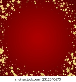 Magic stars vector overlay.  Gold stars scattered around randomly, falling down, floating.  Chaotic dreamy childish overlay template. Vector fairytale  on red background.