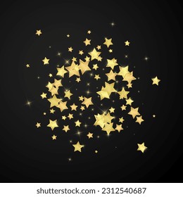 Magic stars vector overlay.  Gold stars scattered around randomly, falling down, floating.  Chaotic dreamy childish overlay template. Enchanting vector with magic stars on black background.