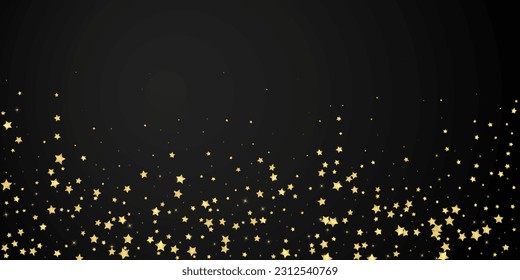 Magic stars vector overlay.  Gold stars scattered around randomly, falling down, floating.  Chaotic dreamy childish overlay template. Magical cartoon night sky on black background.