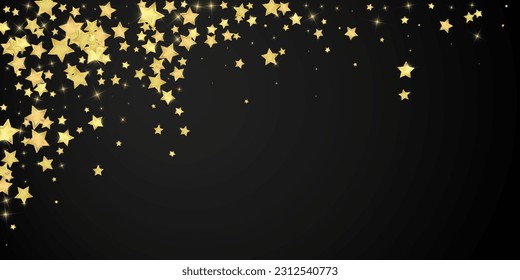 Magic stars vector overlay.  Gold stars scattered around randomly, falling down, floating.  Chaotic dreamy childish overlay template. Vector fairytale  on black background.