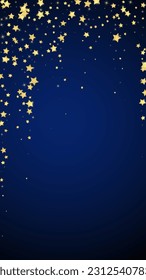 Magic stars vector overlay.  Gold stars scattered around randomly, falling down, floating.  Chaotic dreamy childish overlay template. Magical cartoon night sky on dark blue background.