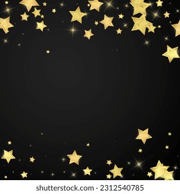 Magic stars vector overlay.  Gold stars scattered around randomly, falling down, floating.  Chaotic dreamy childish overlay template. Magical cartoon night sky on black background.