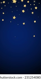 Magic stars vector overlay.  Gold stars scattered around randomly, falling down, floating.  Chaotic dreamy childish overlay template. on dark blue background.