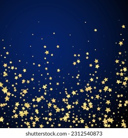 Superposición vectorial de las estrellas mágicas.  Estrellas de oro dispersas al azar, cayendo, flotando.  Una plantilla de superposición infantil de ensueño caótico. Vector nocturno milagroso estrellado sobre fondo azul oscuro.