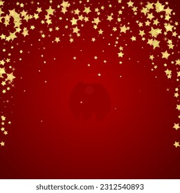 Magic stars vector overlay.  Gold stars scattered around randomly, falling down, floating.  Chaotic dreamy childish overlay template. Enchanting vector with magic stars on red background.