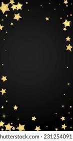 Magic stars vector overlay.  Gold stars scattered around randomly, falling down, floating.  Chaotic dreamy childish overlay template. Magical cartoon night sky on black background.