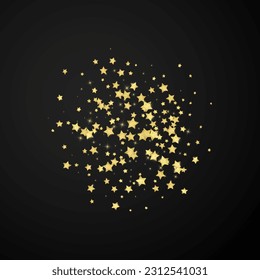 Magic stars vector overlay.  Gold stars scattered around randomly, falling down, floating.  Chaotic dreamy childish overlay template. Vector magic overlay  on black background.