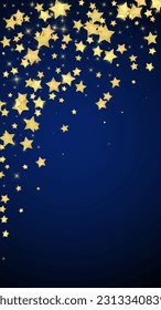 Magic stars vector overlay.  Gold stars scattered around randomly, falling down, floating.  Chaotic dreamy childish overlay template. Enchanting vector with magic stars on dark blue background.