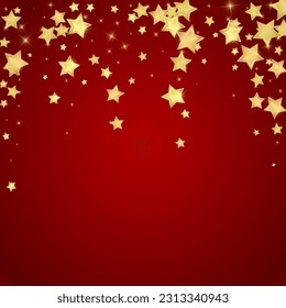 Magic stars vector overlay.  Gold stars scattered around randomly, falling down, floating.  Chaotic dreamy childish overlay template. Vector fairytale  on red background.