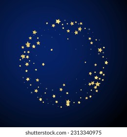 Magic stars vector overlay.  Gold stars scattered around randomly, falling down, floating.  Chaotic dreamy childish overlay template. Miraculous starry night vector  on dark blue background.