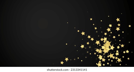 Superposición vectorial de las estrellas mágicas.  Estrellas de oro dispersas al azar, cayendo, flotando.  Una plantilla de superposición infantil de ensueño caótico. Superposición mágica vectorial sobre fondo negro.