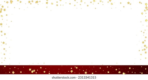 Magic stars vector overlay.  Gold stars scattered around randomly, falling down, floating.  Chaotic dreamy childish overlay template. Vector fairytale  on red background.