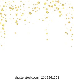 Magic stars vector overlay.  Gold stars scattered around randomly, falling down, floating.  Chaotic dreamy childish overlay template. Enchanting vector with magic stars on white background.