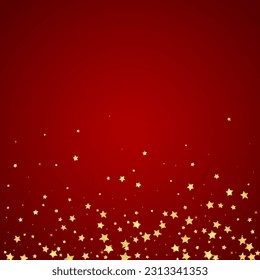 Magic stars vector overlay.  Gold stars scattered around randomly, falling down, floating.  Chaotic dreamy childish overlay template. Vector fairytale  on red background.