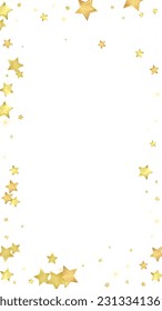Superposición vectorial de las estrellas mágicas.  Estrellas de oro dispersas al azar, cayendo, flotando.  Una plantilla de superposición infantil de ensueño caótico. Un cuento de hadas vectorial sobre fondo blanco.
