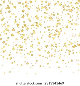 Magic stars vector overlay.  Gold stars scattered around randomly, falling down, floating.  Chaotic dreamy childish overlay template. Magical cartoon night sky on white background.