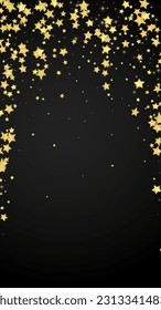 Magic stars vector overlay.  Gold stars scattered around randomly, falling down, floating.  Chaotic dreamy childish overlay template. Miraculous starry night vector  on black background.